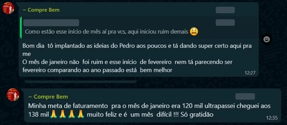 Mensagem de aluno no grupo: a meta de faturamento de janeiro era 120 mil e chegou a 138 mil